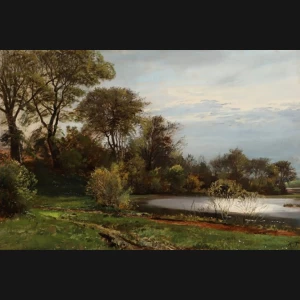 Hans Fischer. Landskab med sø, 1880. 40x59cm.
