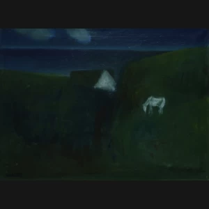 Albert Bertelsen. Landskab med hvid hest, 1958. 53x72cm.