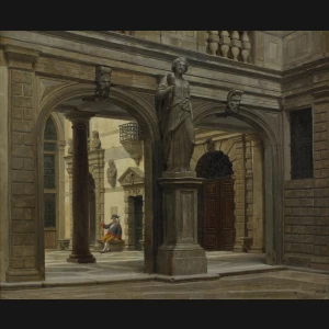 Heinrich Hansen. Parti fra Atrio Qvadrato, Dogepaladset, Venedig, Italien 1860. 35x42cm.