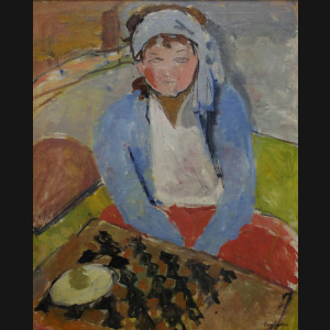 Povl Schrøder. Komposition med siddende kvinde, 82x66cm.