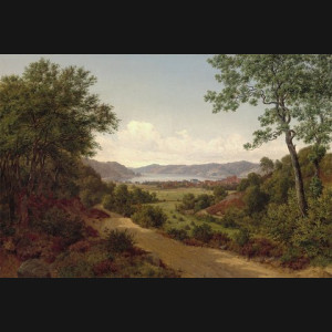 A.W. Boesen. Udsigt over landskab, Vejle 1845. 67x98cm.