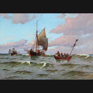 Carl Locher. Fiskerbåde på havet, Frederikshavn 1901. 76x106cm.