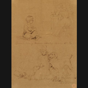 Johan Thomas Lundbye. Interiør med mor og datter, og lille barn med hunde, 1847. 27x20cm.