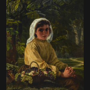 Just Holm. Ung pige med frugtkurv i skoven, 1853. 86x74cm.