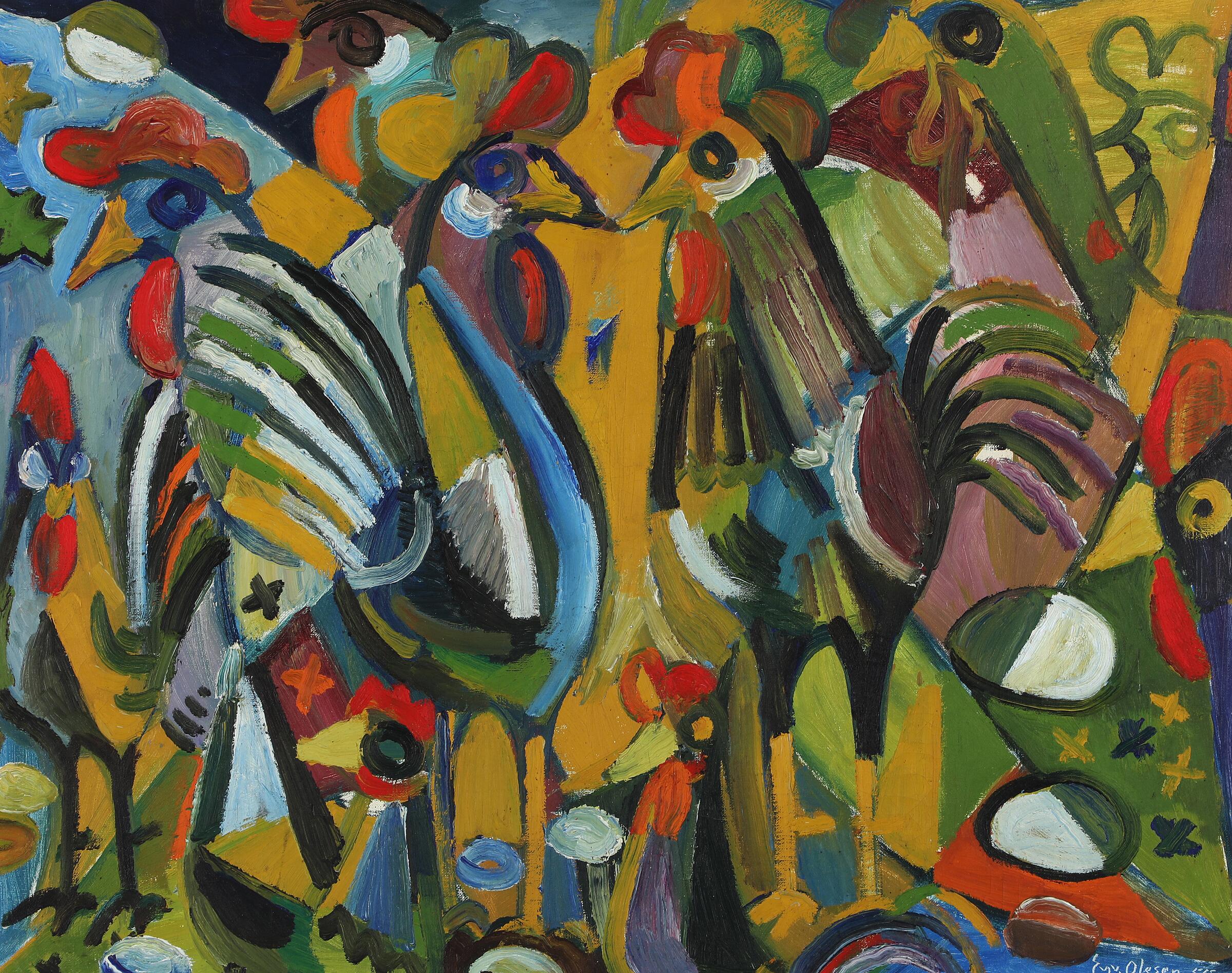 Eyvind Olesen "Komposition med høns" 1955. 63x80cm
