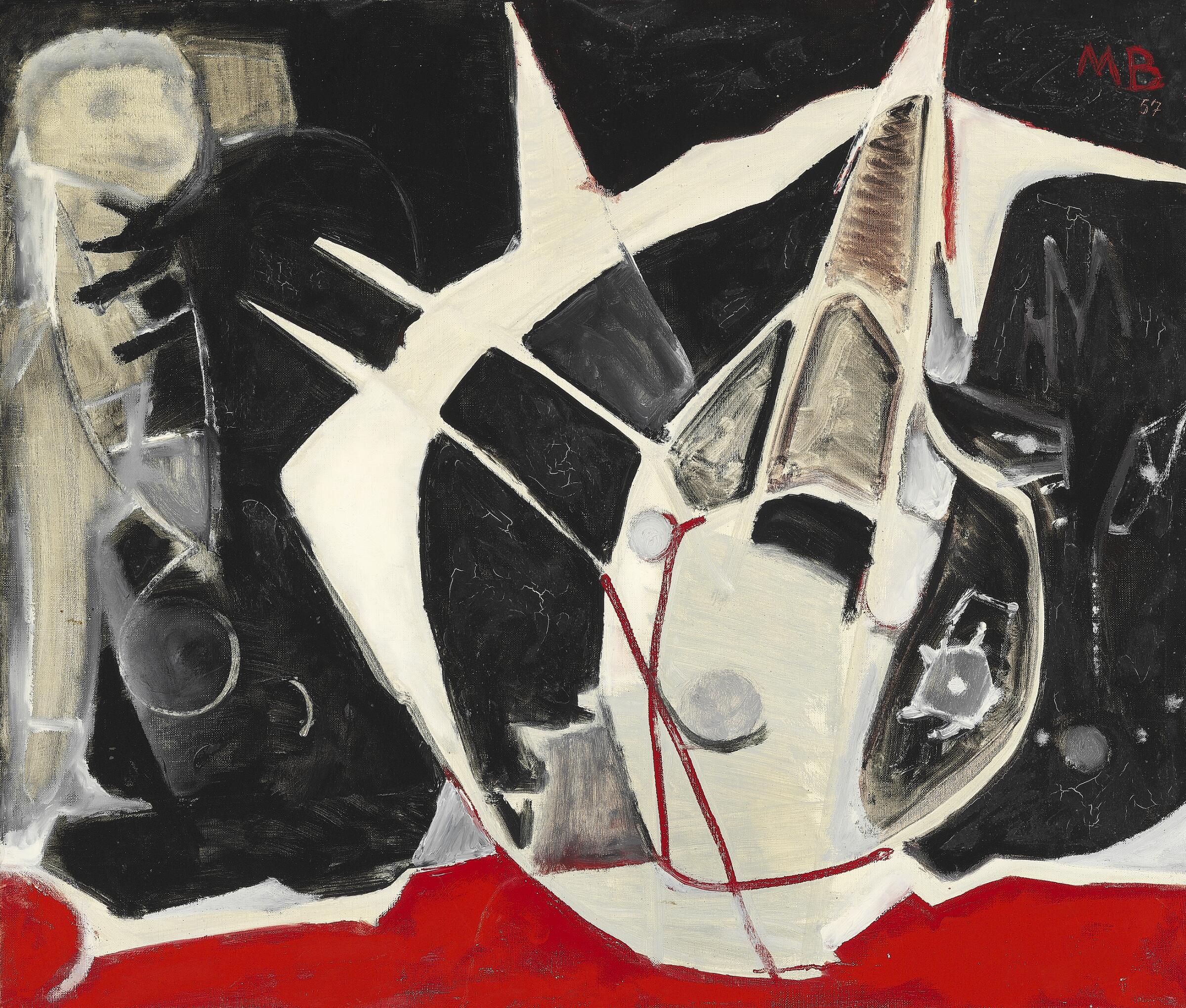 Mogens Balle "Rød, sort og hvid komposition" 1957. 63x73cm.