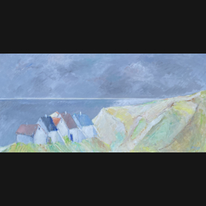 Søren Andersen “Huse ved klit, Stenbjerg” 1987. 72x150cm.