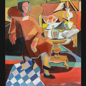 Gunther Scharback “Interiør med kvinde” 1980. 100x86cm.