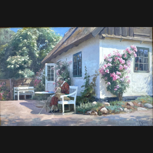 Peder Mønsted “Kvinde i haven, Sørup” 1926. 41x61cm.
